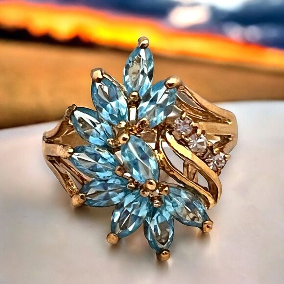 Vintage Ring Size 6 Blue Crystal Cluster 14K Gold Plate Mid-Century 14E - Picture 1 of 14